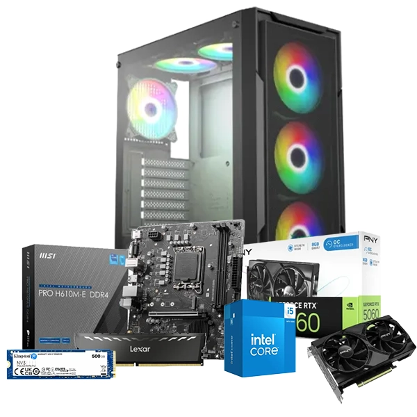 Intel Core i5-14400F MSI PRO H610M-E Motherboard 500GB SSD 16GB Ram RTX 5060 8GB OC Xander Hulk MESH Case With 700W ARGB