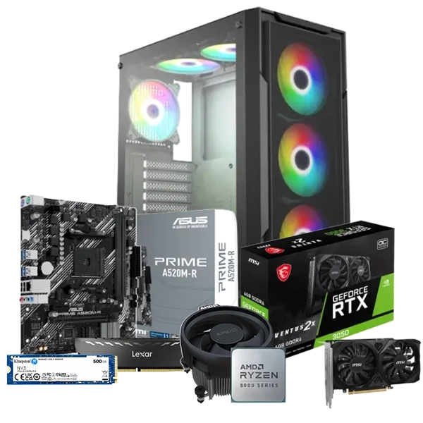 AMD Rayzen 5 5500 Tray + Fan Asus Prime A520M-R Motherboard 500GB SSD 16GB Ram RTX 3050 VENTUS 2X 6G OC Xander Hulk MESH Case With 700W ARGB