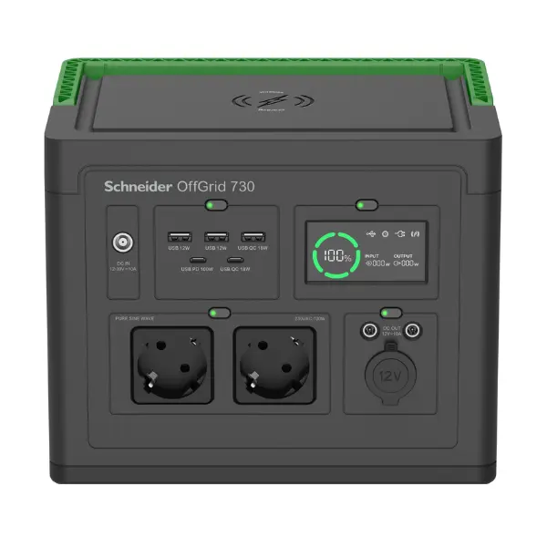Schneider OffGrid PPS730-GR Portable Power Station 730, 738Wh Lithium-ion, LCD, 2 CEE 7/3 Schuko outlets, Sinewave, 3 USB-A, 2 USB-C, Wireless Charger