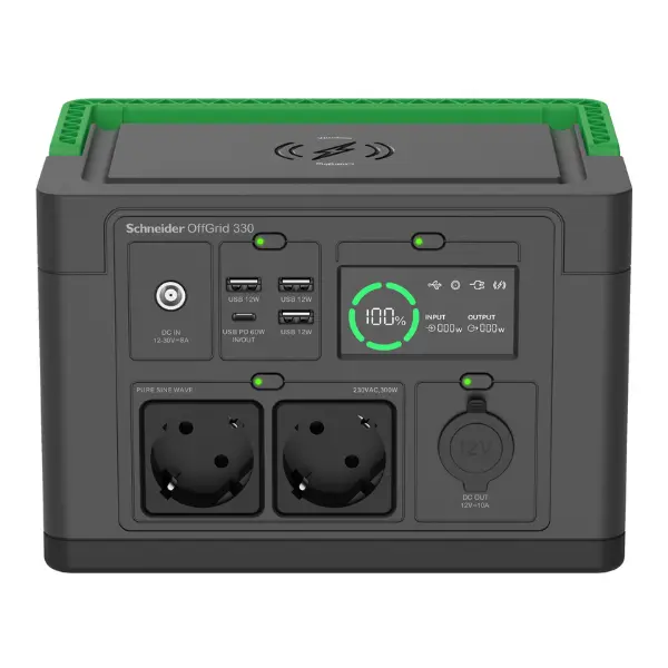 Schneider OffGrid PPS330-GR Portable Power Station 330, 230V, 332Wh Lithium-ion, LCD, 2 CEE 7/3 Schuko outlets, Sinewave, 3 USB-A, 1 USB-C, Wireless Charger